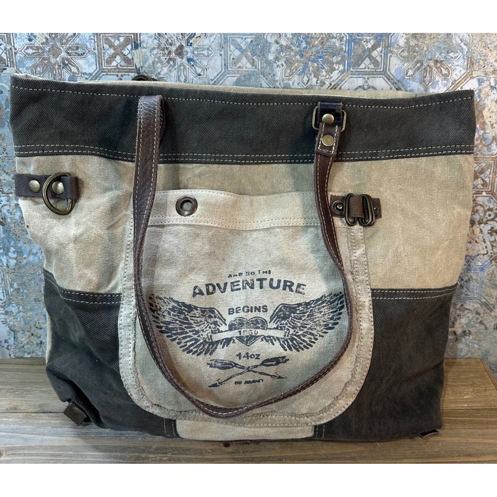 Myra Bag Adventure Begins Canvas & Leather Tote Farmer's Market Khaki
